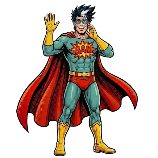 Un personnage BAM Quiz qui montre l'écran du lobby du doigt